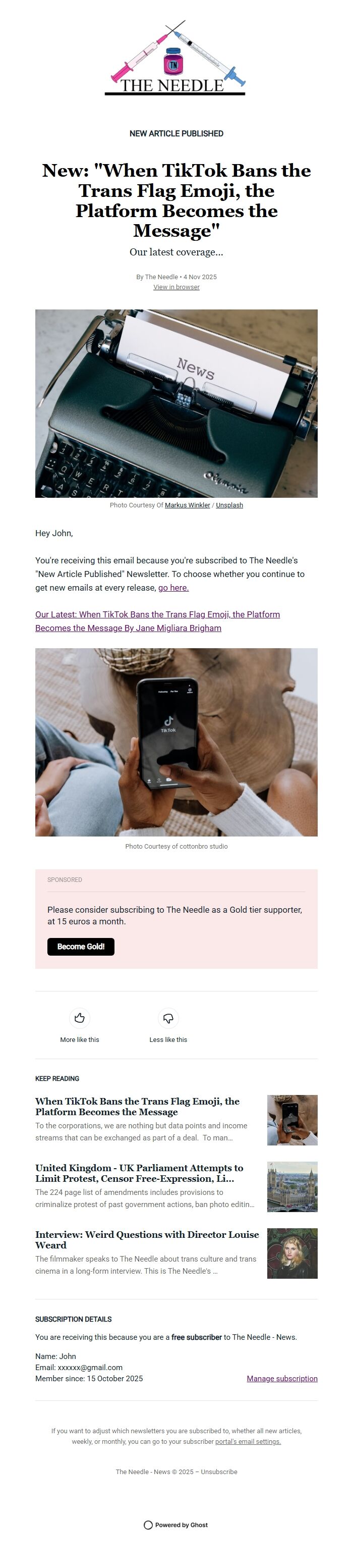 Screenshot of the email generated on import