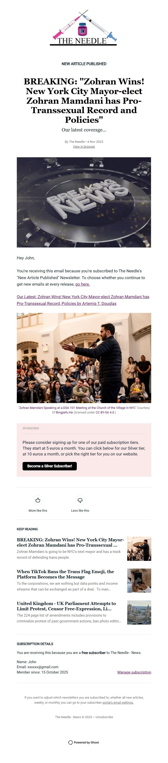 Screenshot of the email generated on import