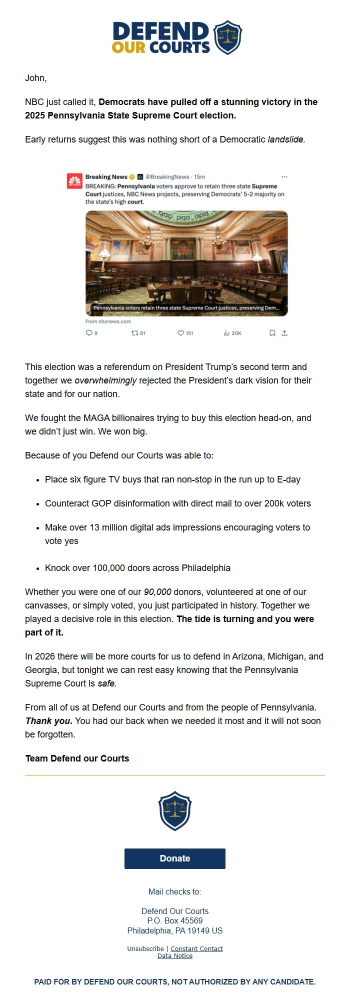 Screenshot of the email generated on import