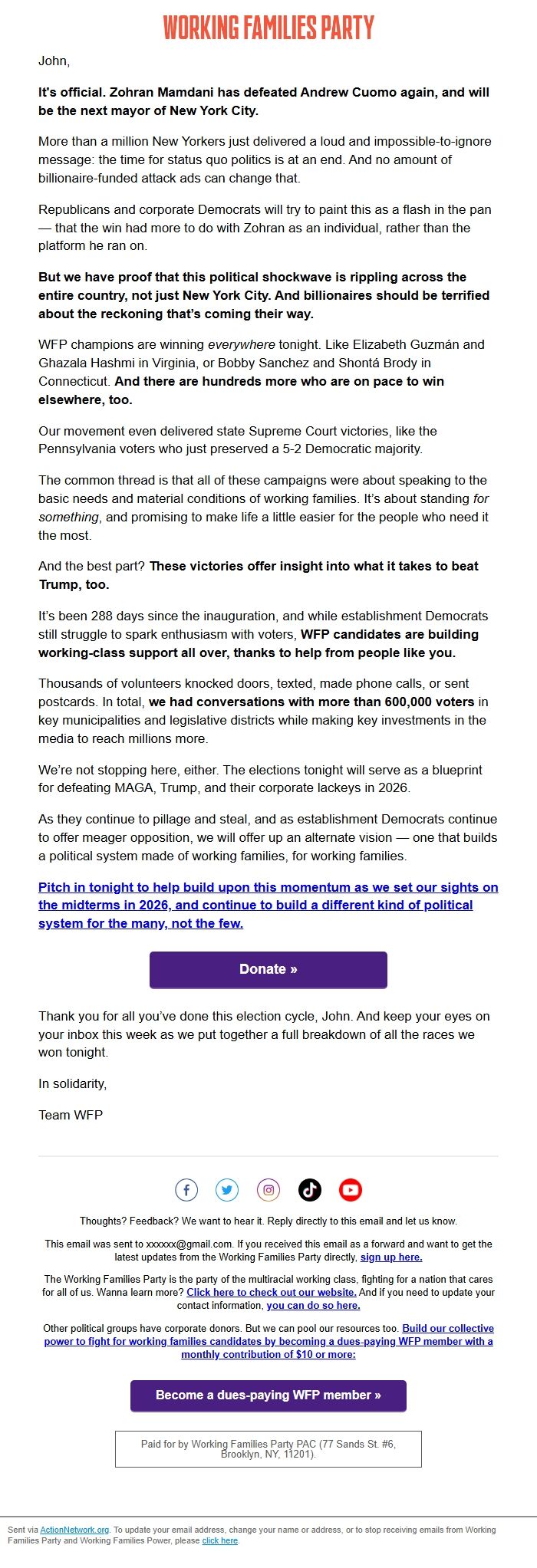 Screenshot of the email generated on import