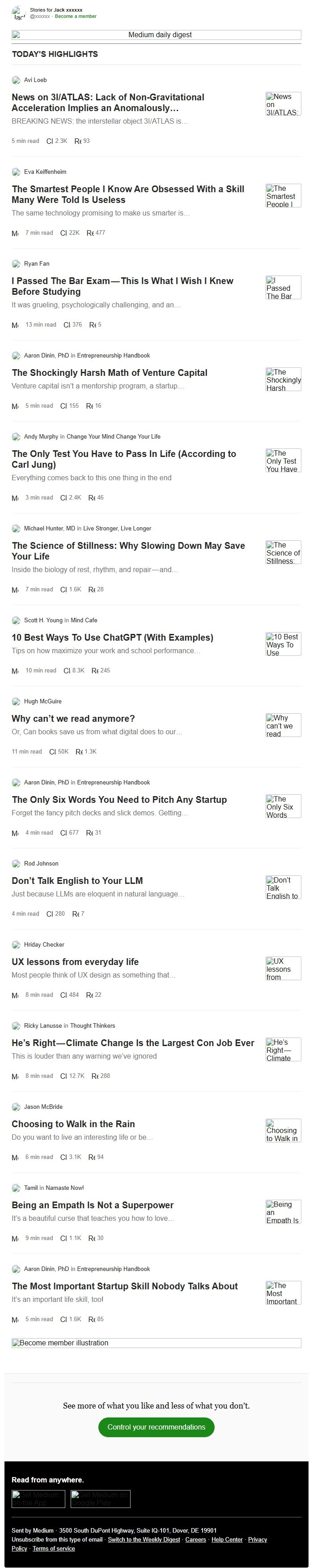 Screenshot of the email generated on import