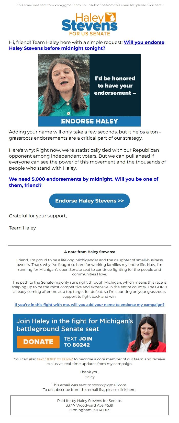 Screenshot of the email generated on import