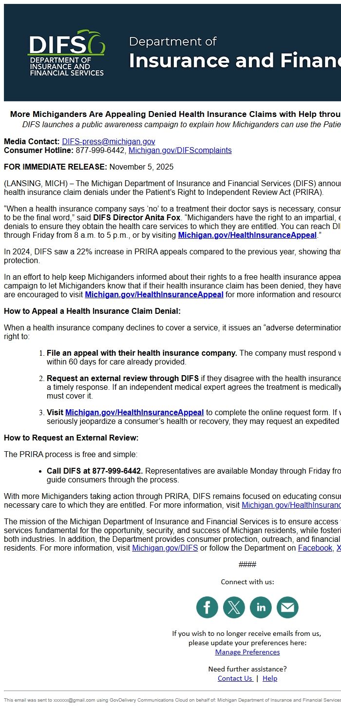 Screenshot of the email generated on import