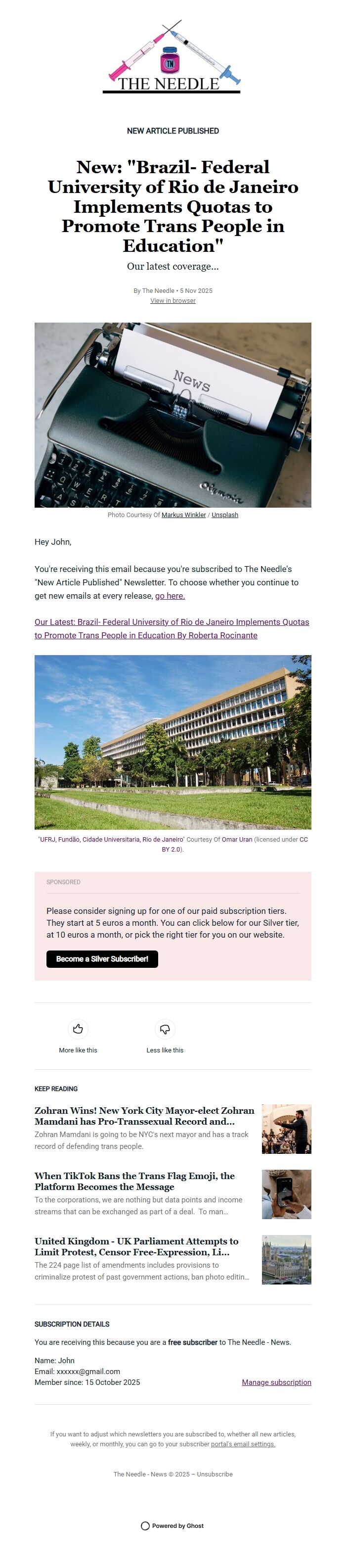 Screenshot of the email generated on import