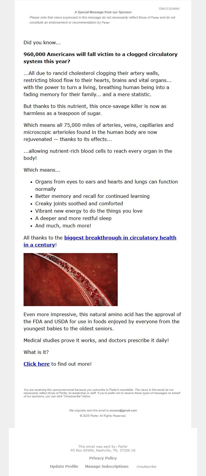 Screenshot of the email generated on import