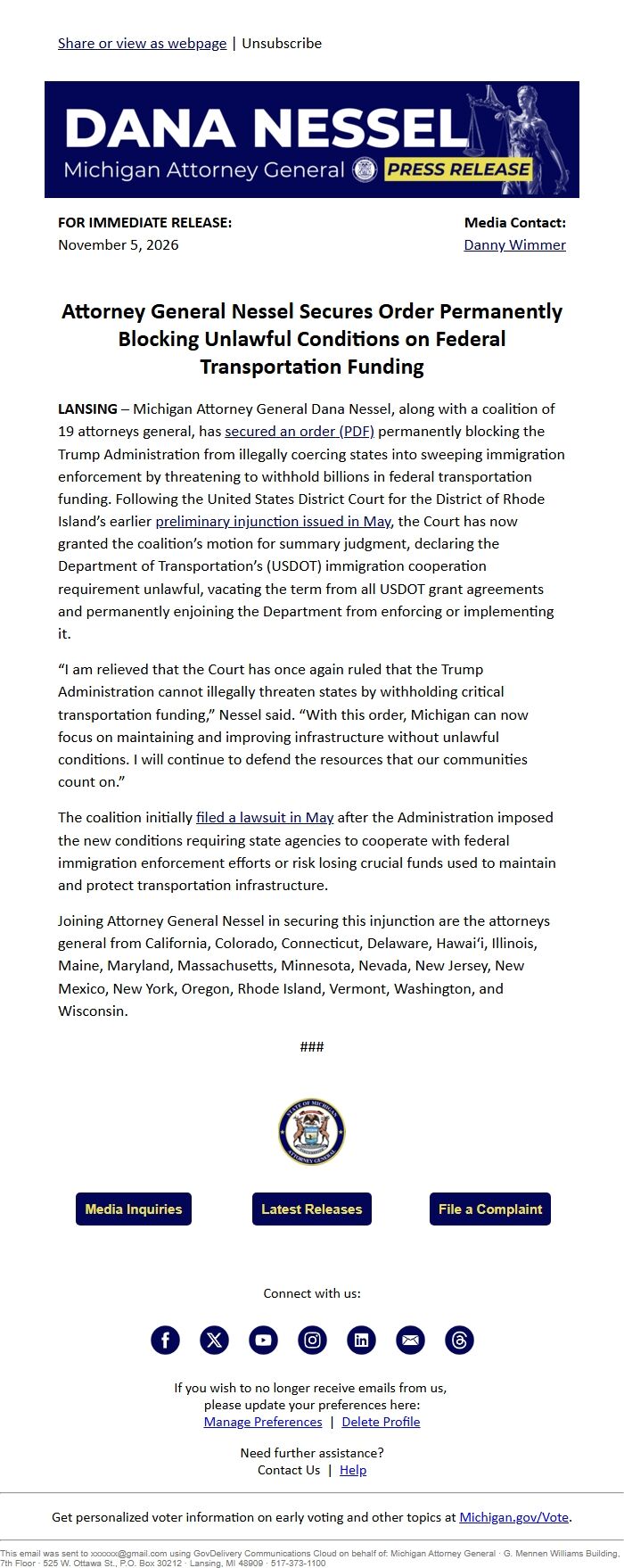 Screenshot of the email generated on import