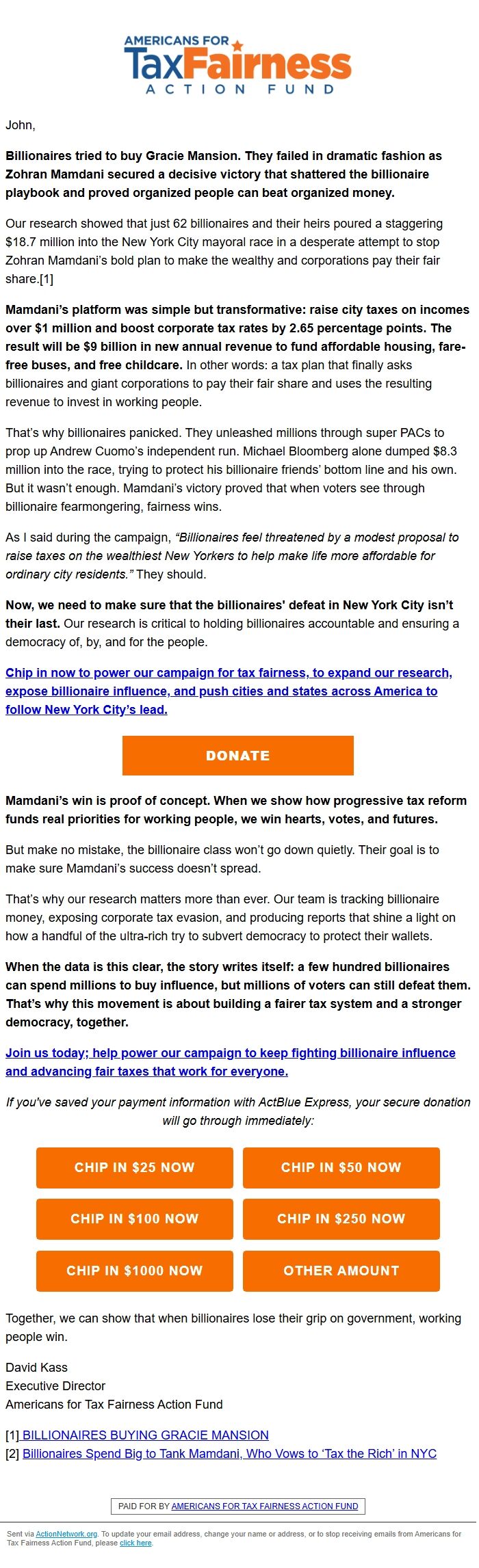 Screenshot of the email generated on import