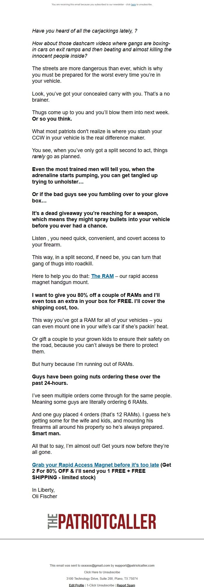 Screenshot of the email generated on import