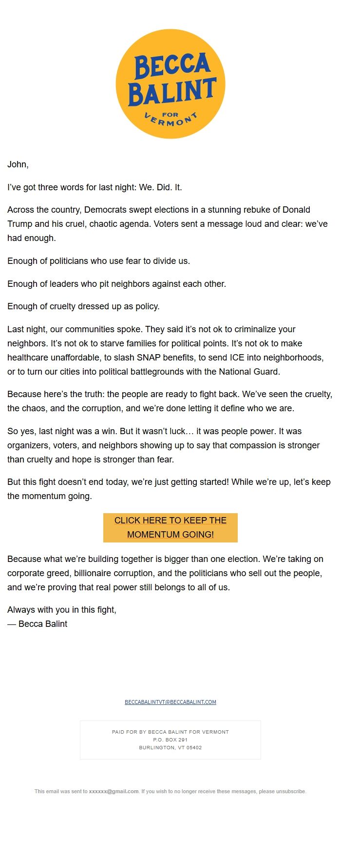 Screenshot of the email generated on import