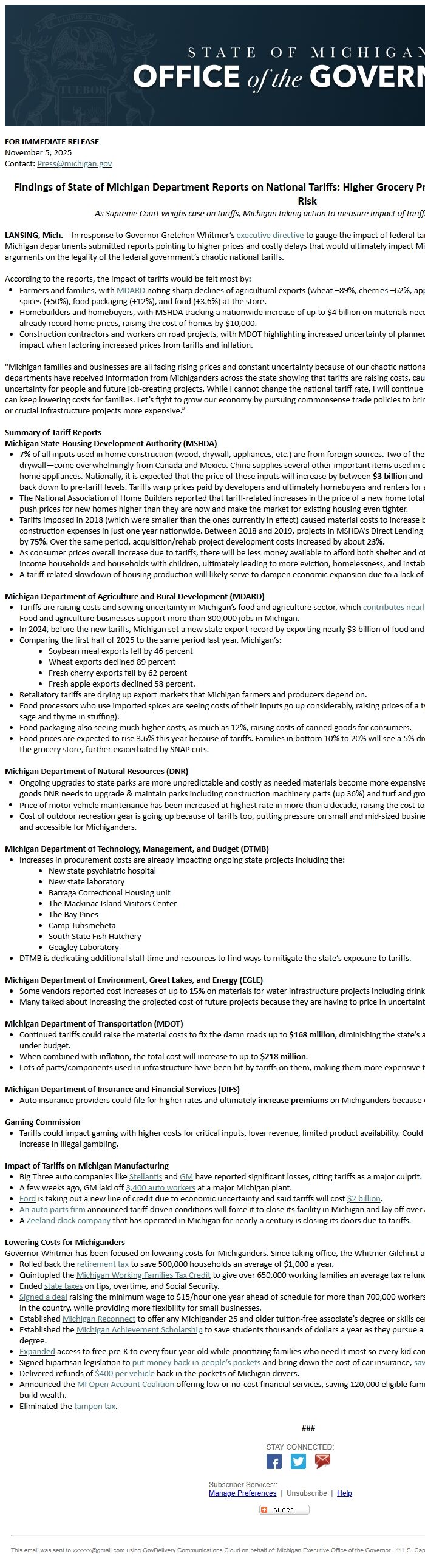 Screenshot of the email generated on import