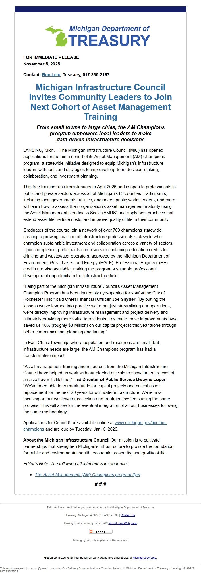 Screenshot of the email generated on import