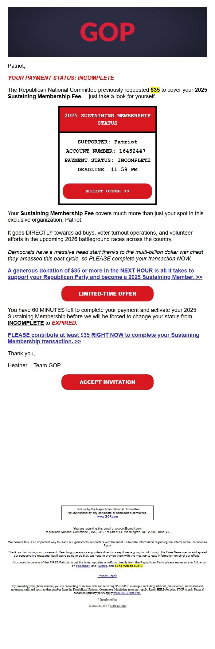 Screenshot of the email generated on import