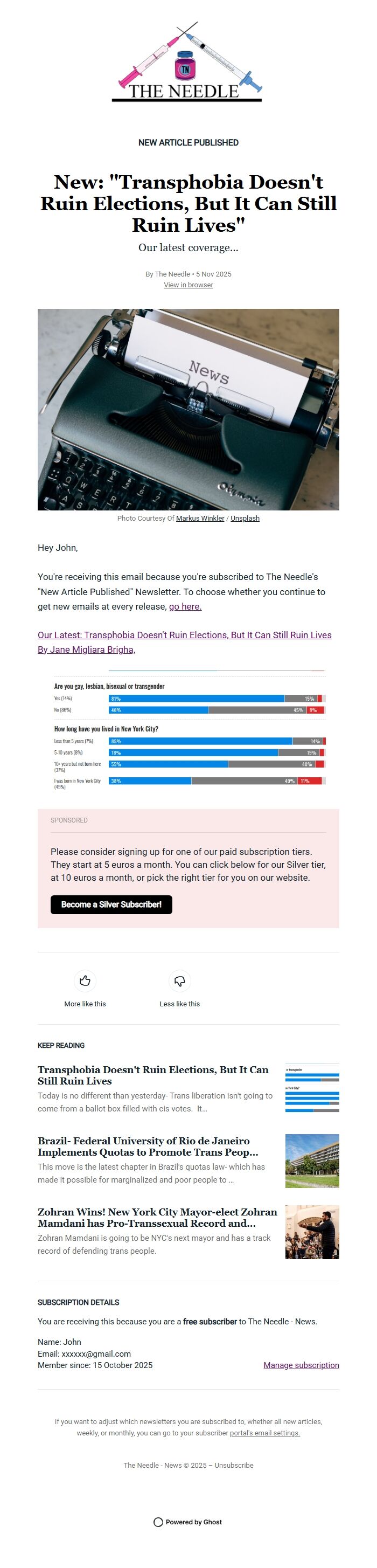 Screenshot of the email generated on import