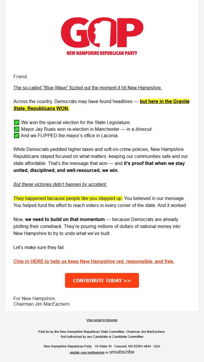 Screenshot of the email generated on import