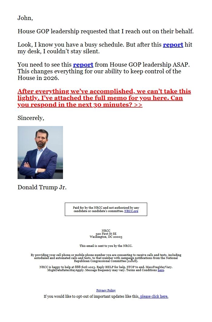 Screenshot of the email generated on import