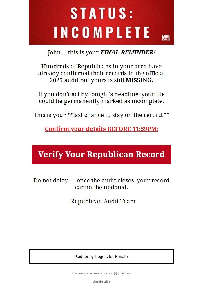 Screenshot of the email generated on import