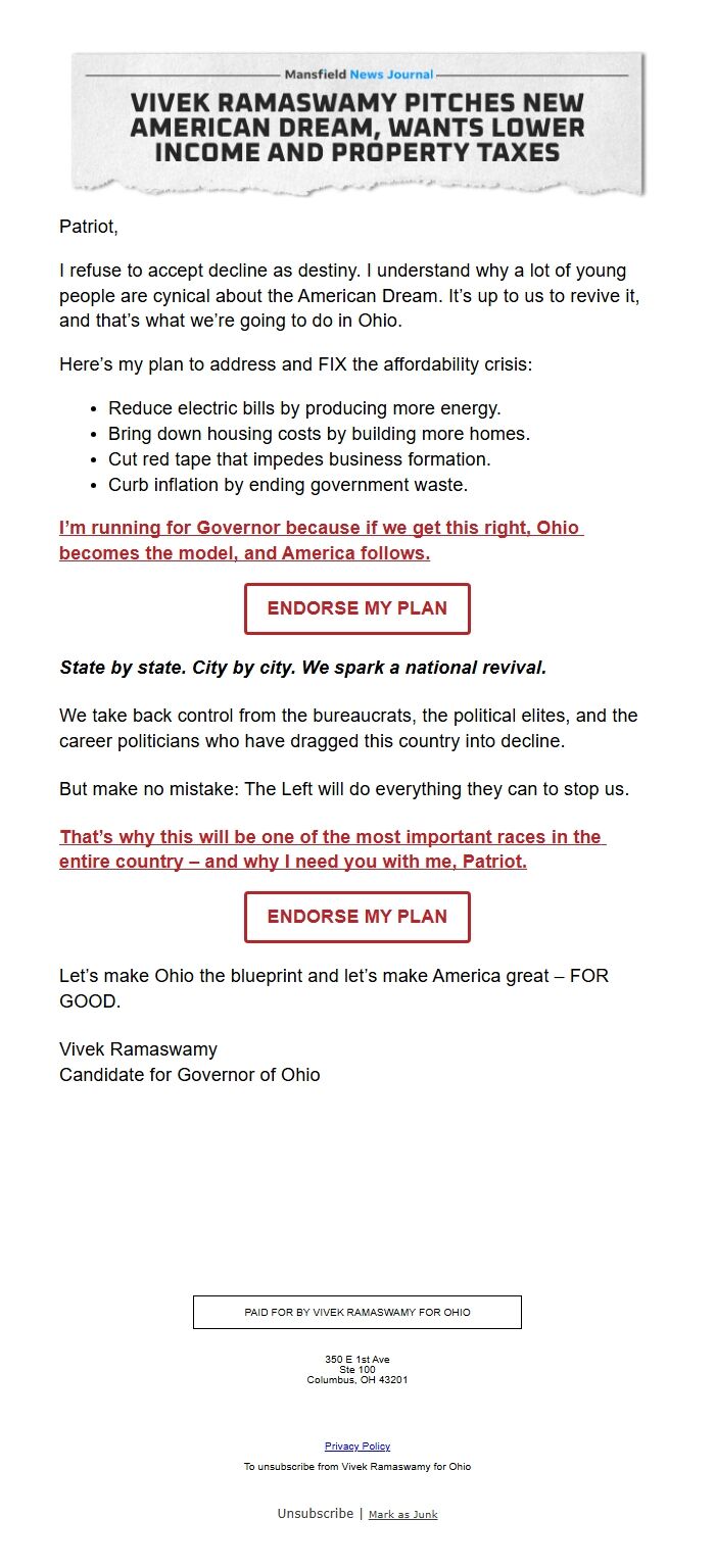 Screenshot of the email generated on import