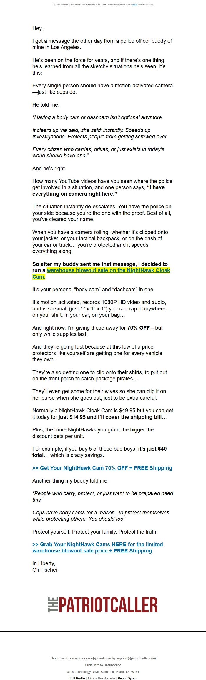 Screenshot of the email generated on import