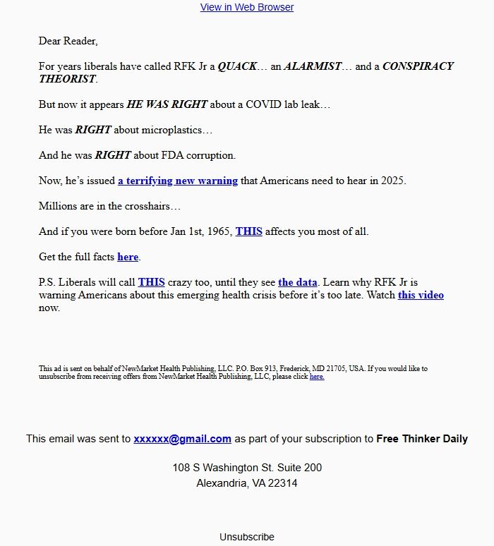 Screenshot of the email generated on import