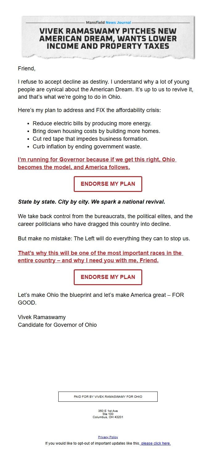 Screenshot of the email generated on import