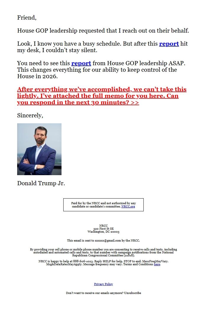 Screenshot of the email generated on import