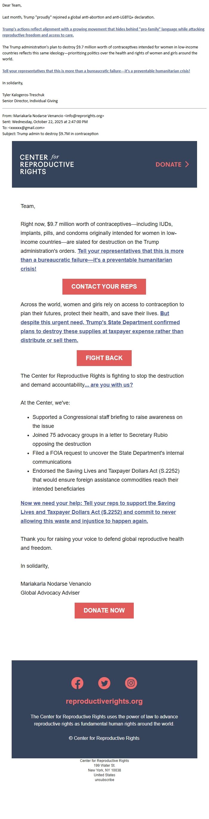 Screenshot of the email generated on import