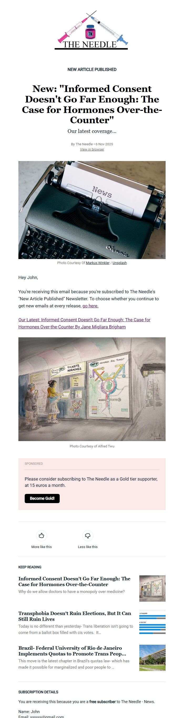 Screenshot of the email generated on import