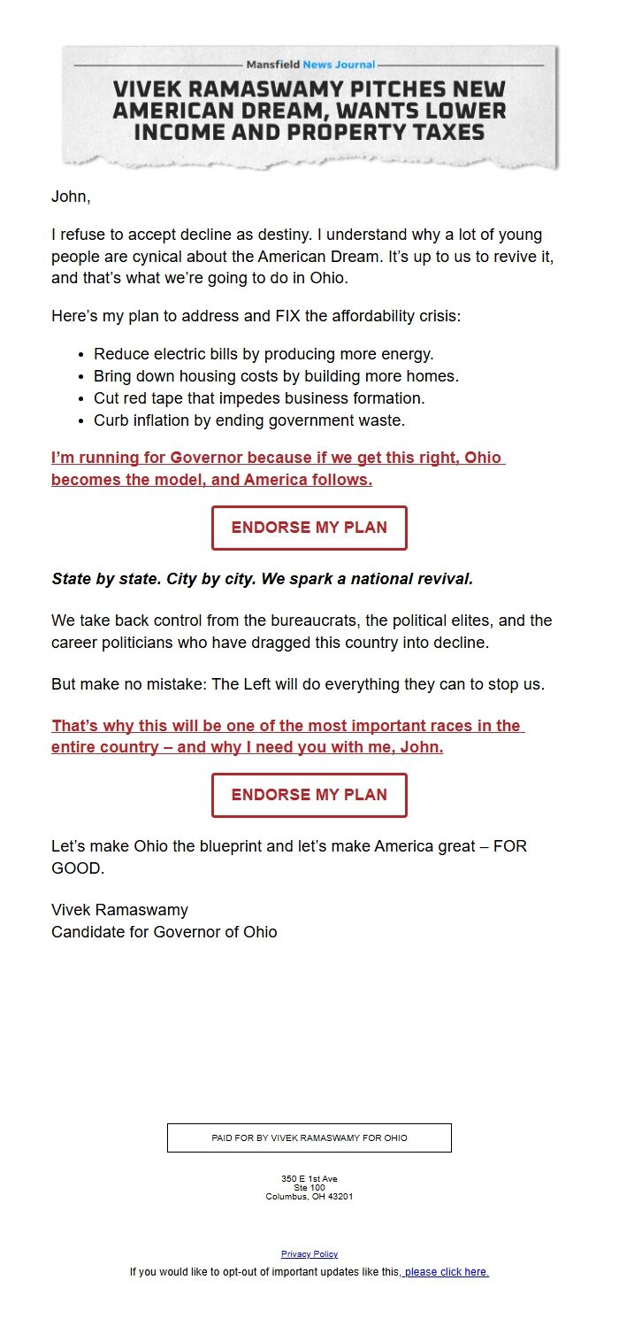 Screenshot of the email generated on import