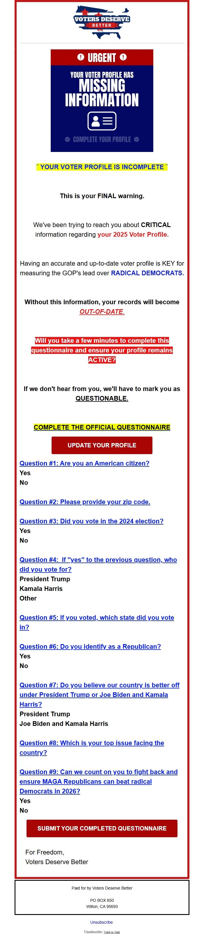 Screenshot of the email generated on import