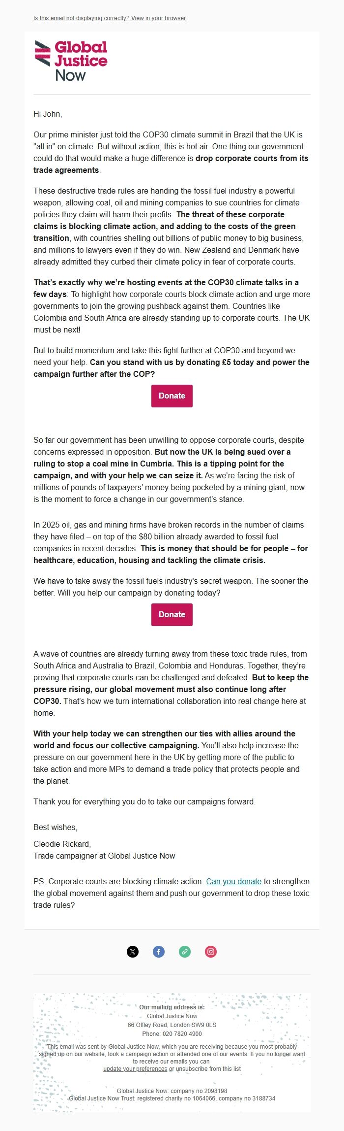 Screenshot of the email generated on import