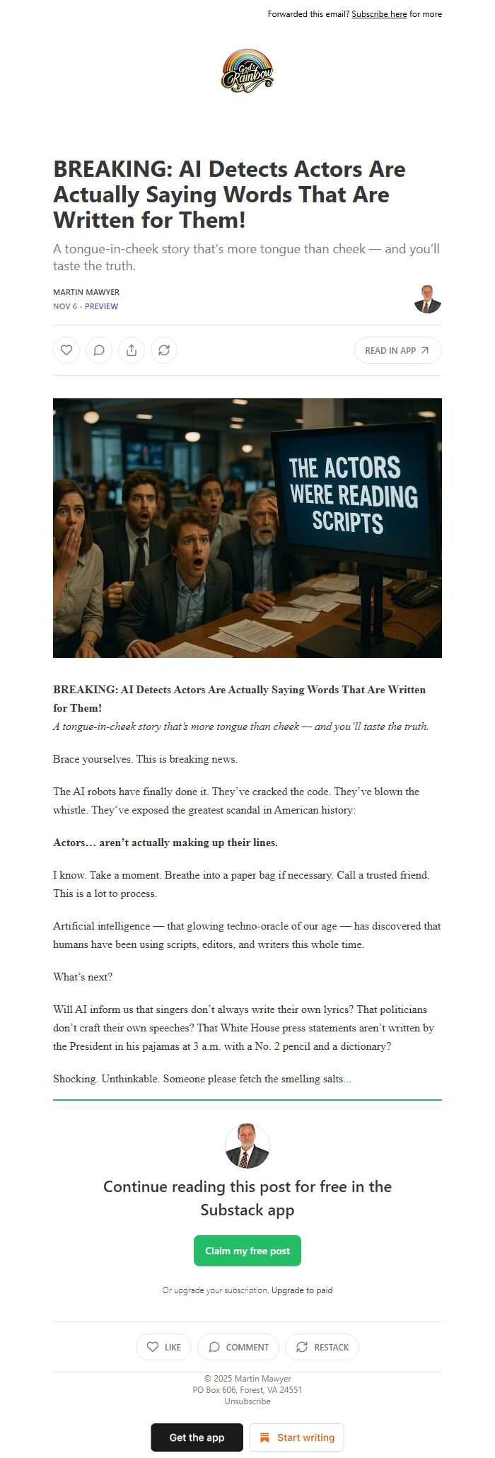 Screenshot of the email generated on import