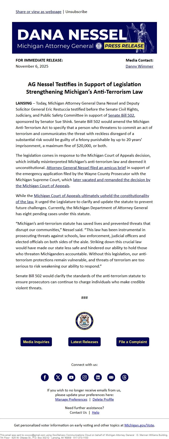 Screenshot of the email generated on import