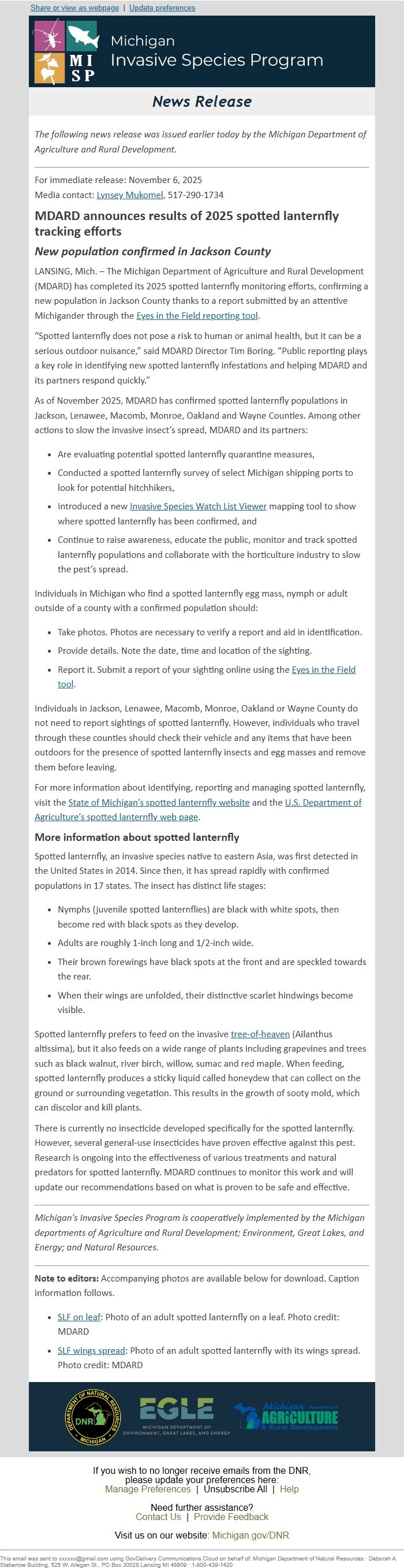 Screenshot of the email generated on import