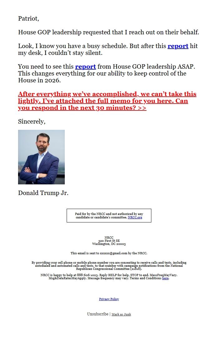 Screenshot of the email generated on import