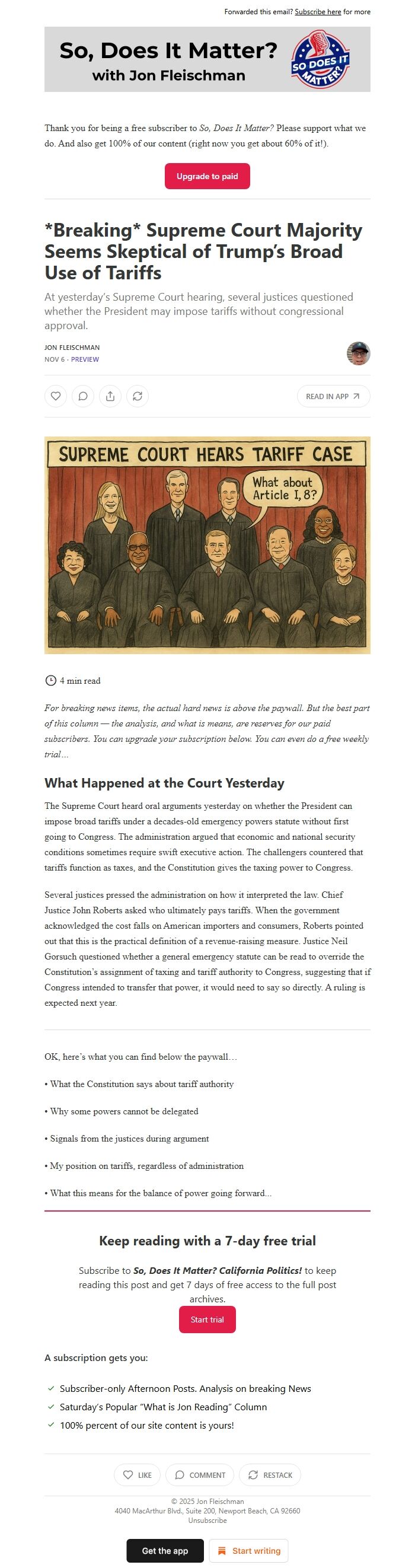 Screenshot of the email generated on import