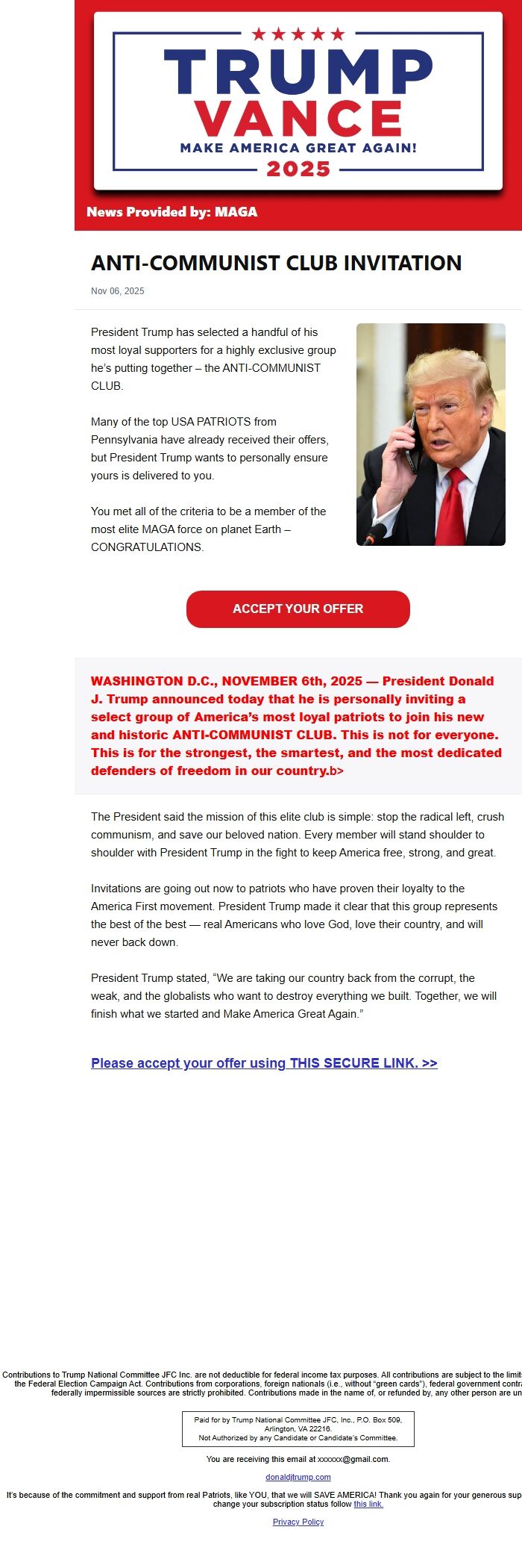 Screenshot of the email generated on import