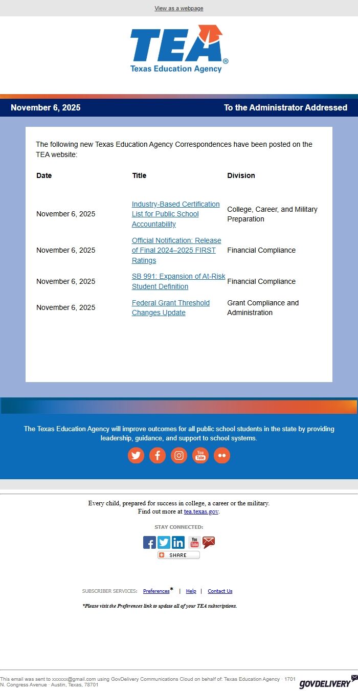 Screenshot of the email generated on import