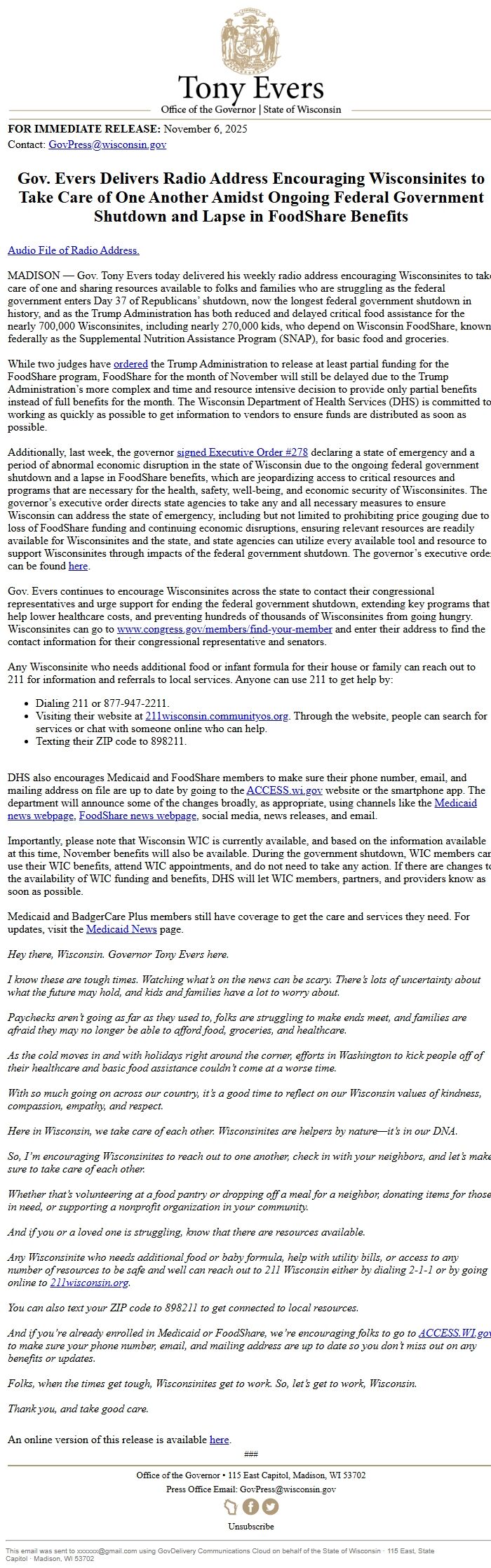 Screenshot of the email generated on import