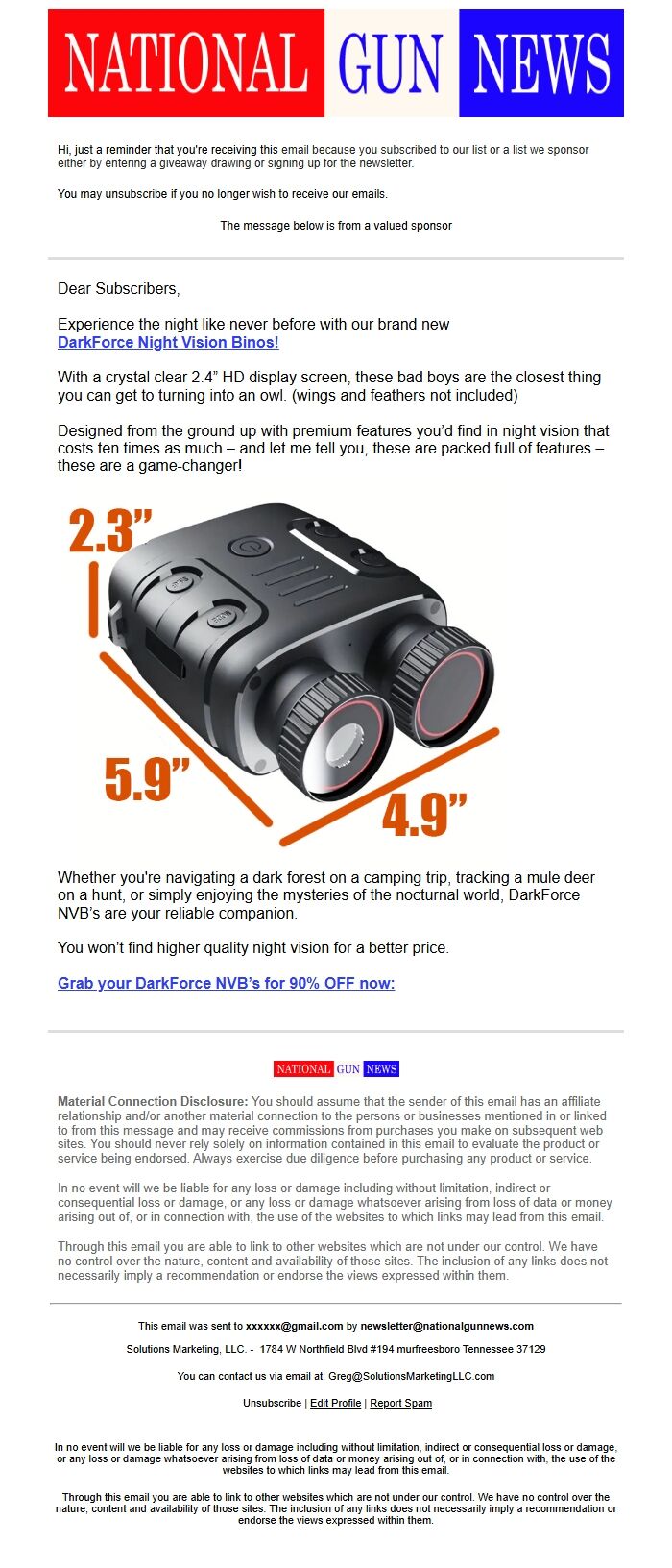 Screenshot of the email generated on import