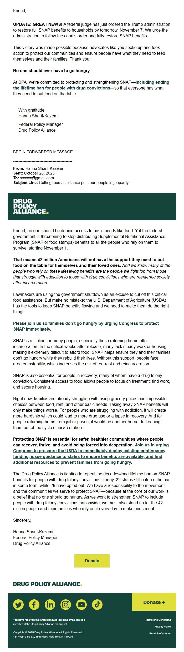 Screenshot of the email generated on import