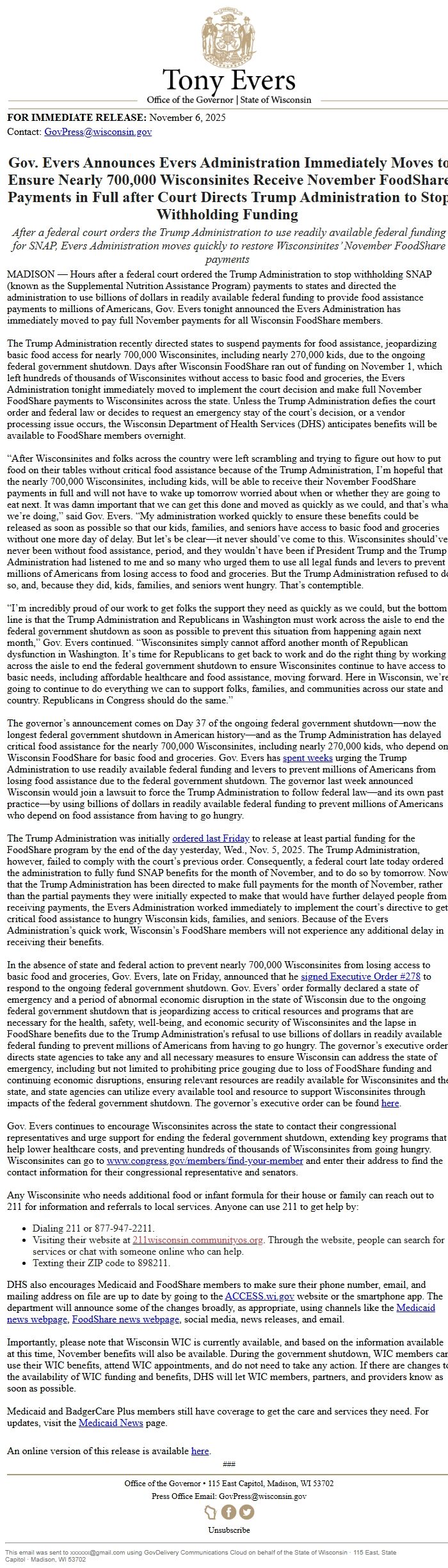 Screenshot of the email generated on import