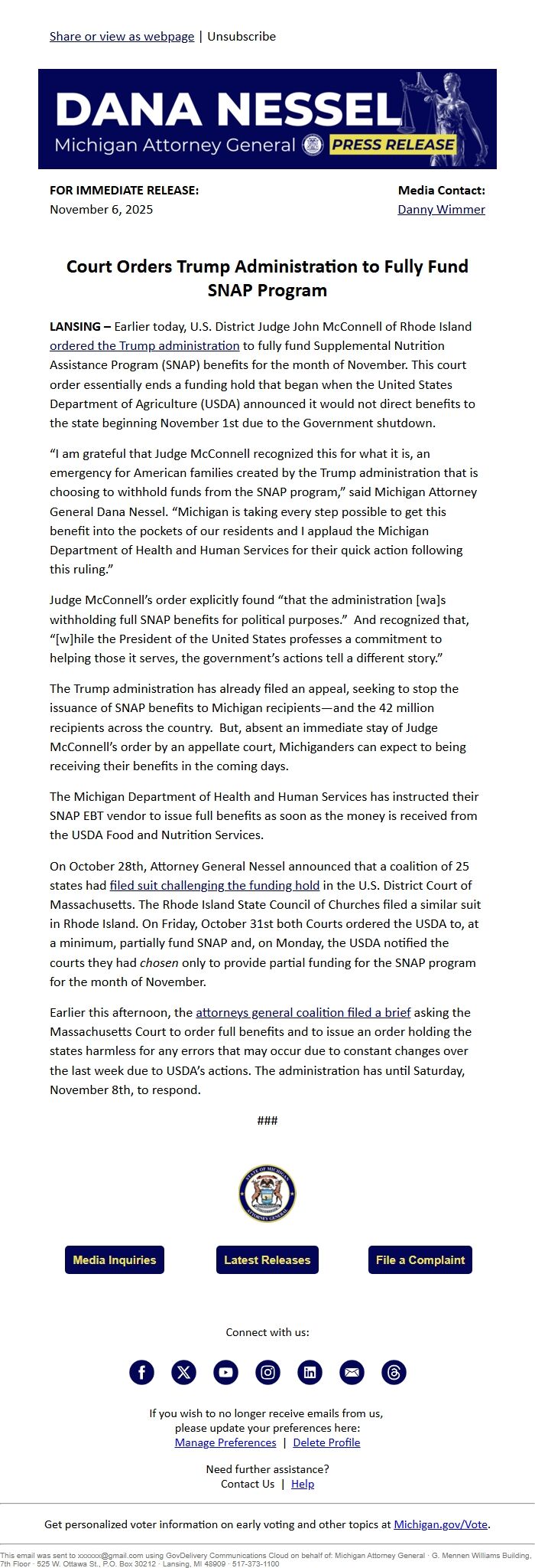 Screenshot of the email generated on import