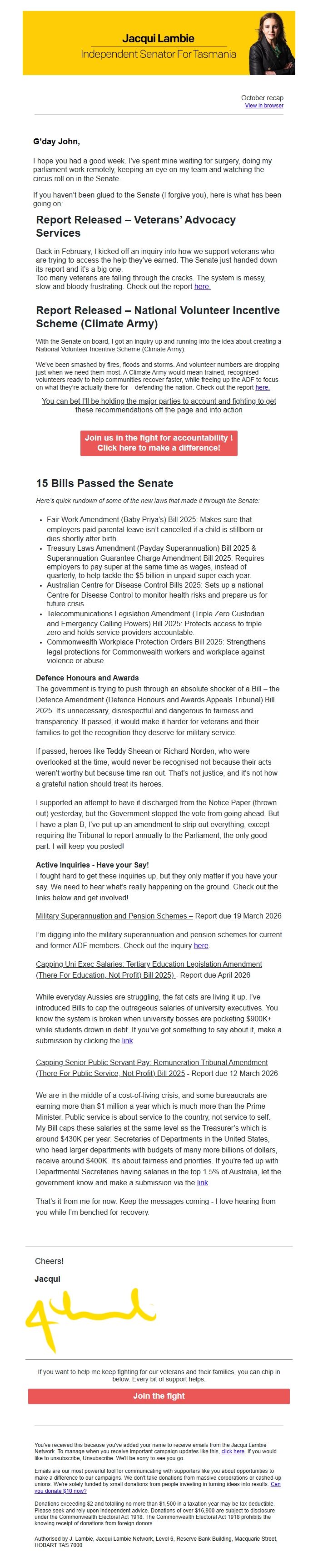 Screenshot of the email generated on import