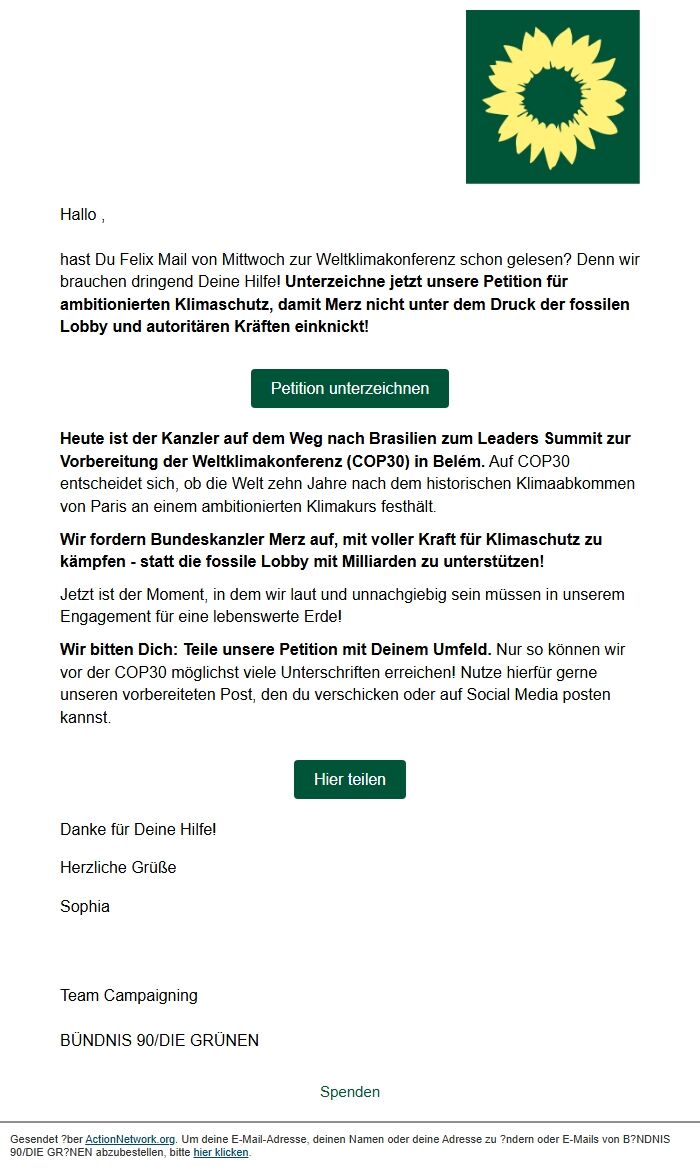 Screenshot of the email generated on import