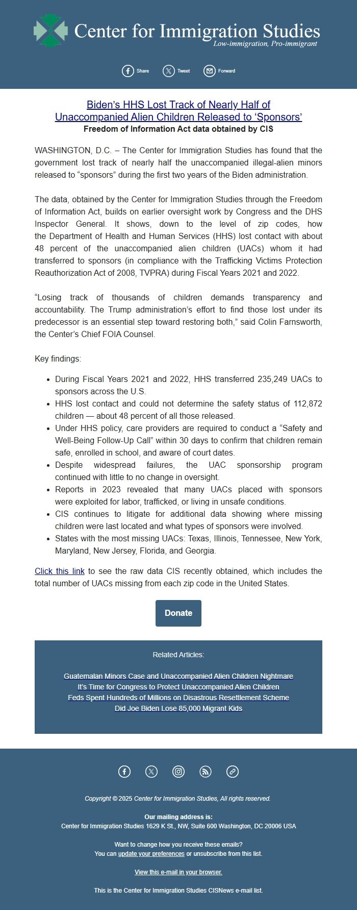 Screenshot of the email generated on import