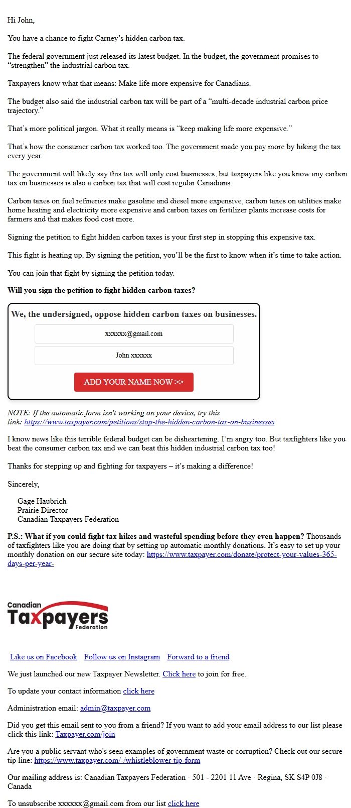 Screenshot of the email generated on import