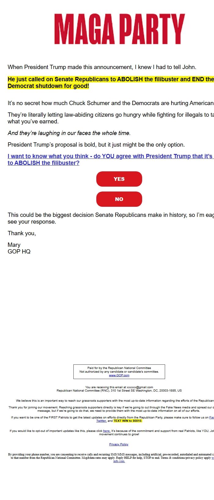 Screenshot of the email generated on import