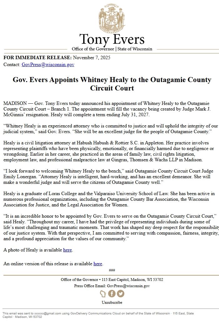 Screenshot of the email generated on import