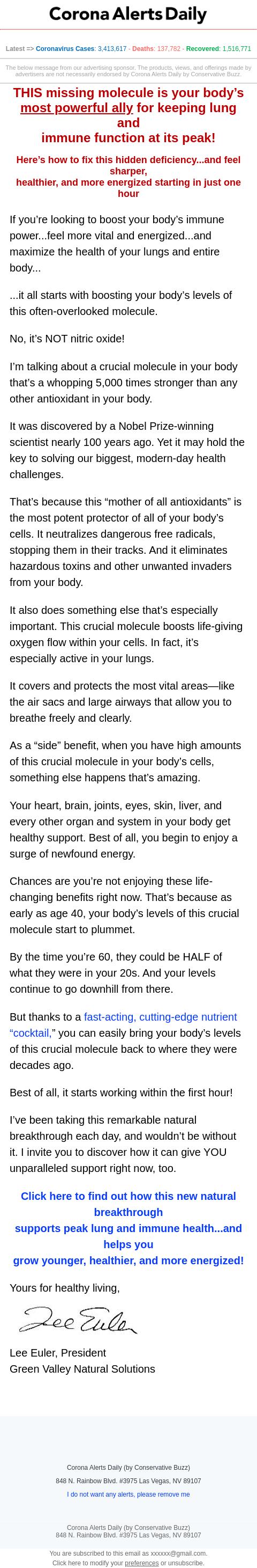 Screenshot of the email generated on import