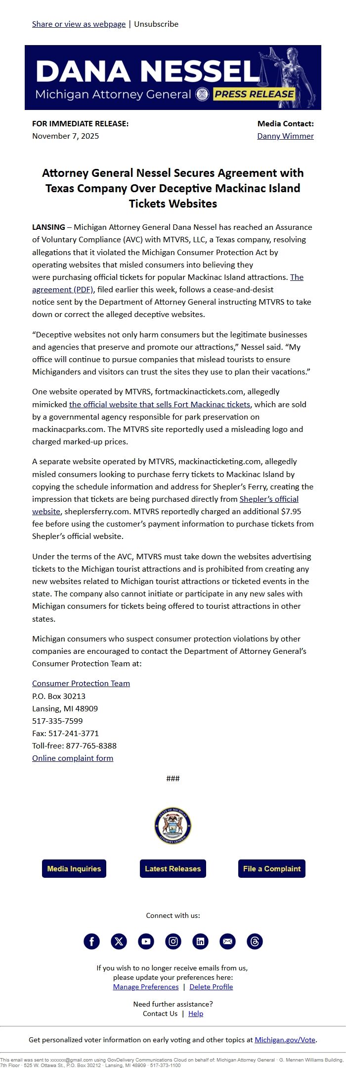 Screenshot of the email generated on import